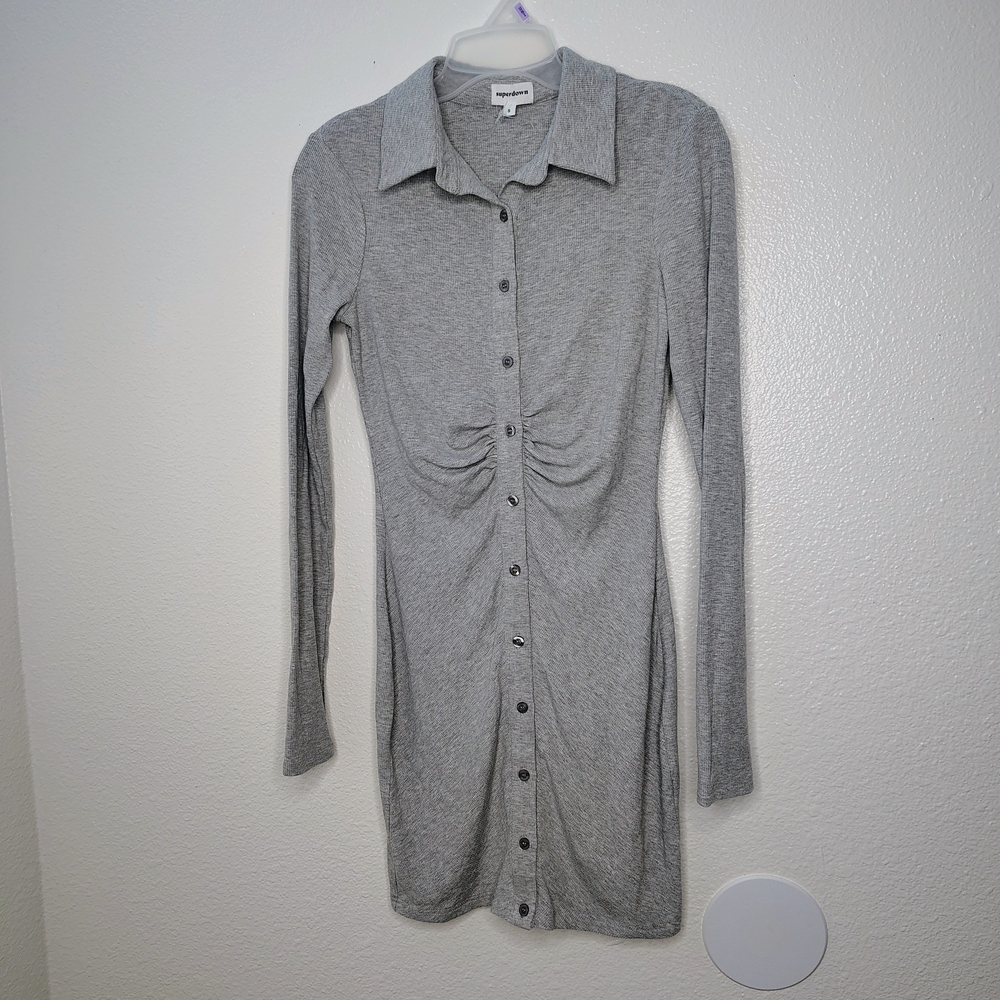 Superdown Gray Ribbed Button Front Ruched Mini Dr… - image 2